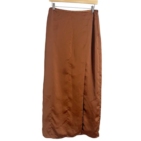 Club Monaco Trycia Brown Satin Bias Slip Slit Maxi Skirt Size 8 - Picture 6 of 14